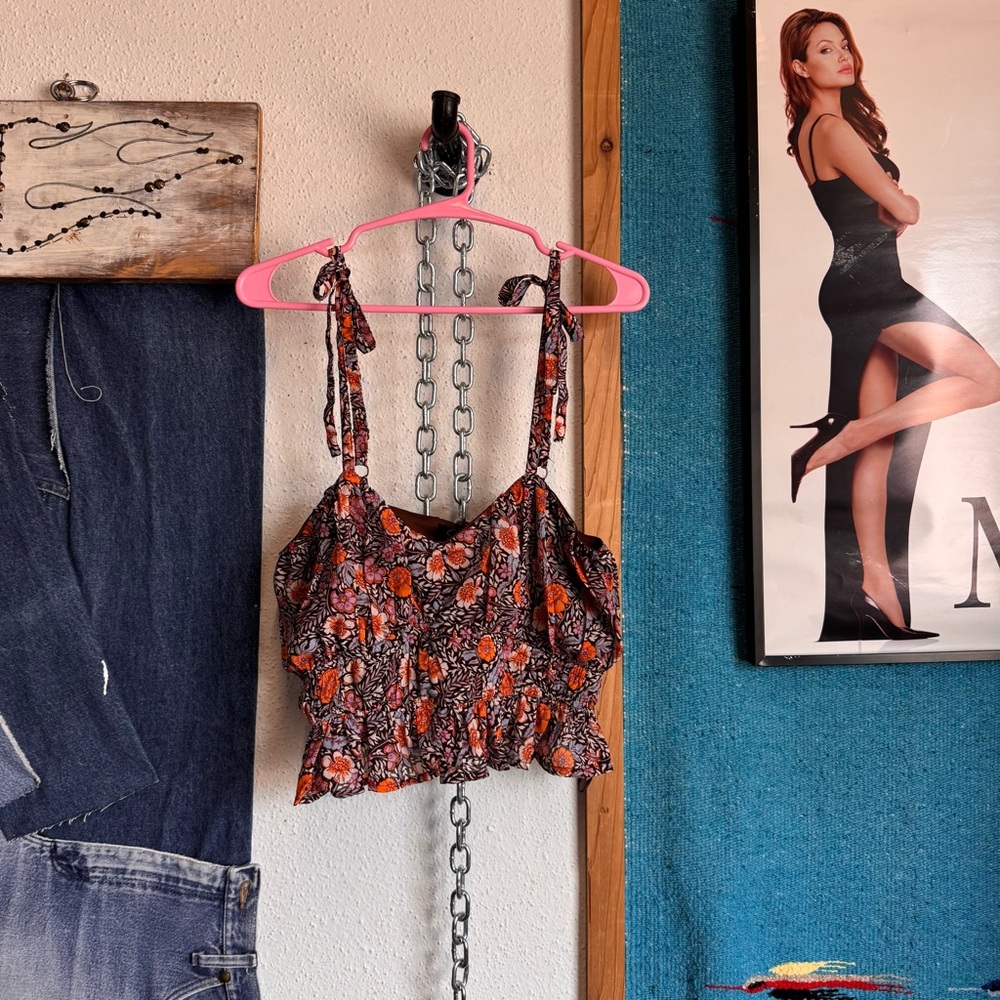 Japna Floral Tie-Strap Crop Camisole - Orange & Pink on Black